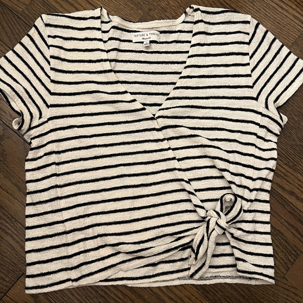 White and black striped “Texture and Thread” Madewell faux wrap top